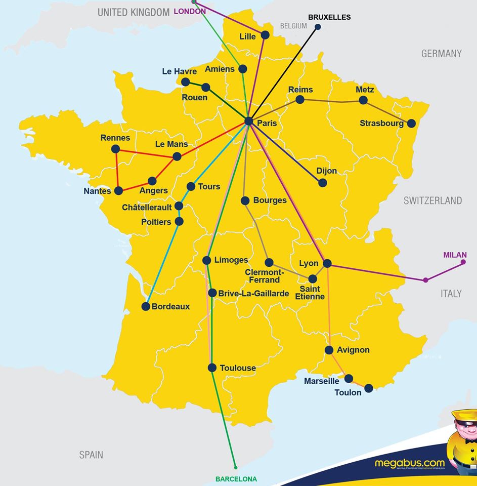 Carte réseau lignes de bus Megabus en France Europe